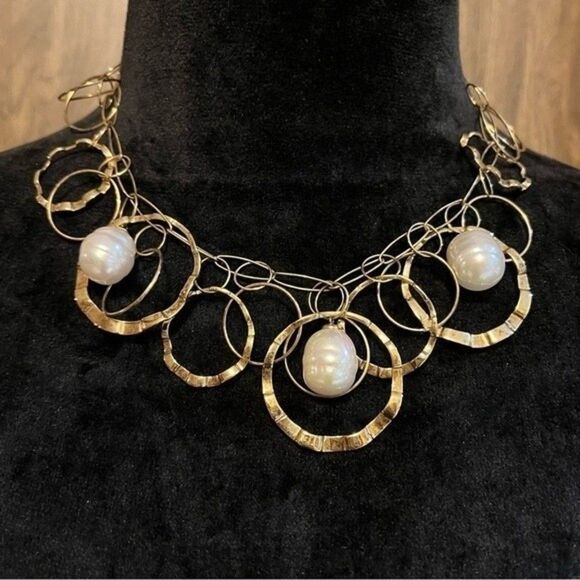 Gold Tone Costume Necklace Pearl Like Circle Links Layers of Circles - Picture 1 of 9